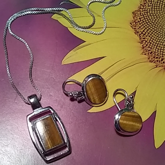 Jewelry - Necklace Earring Set, Tigers Eye (Silver 925 mark)